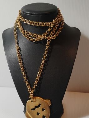 Vintage Long Chain Matte Gold Tone Fish Pendant Necklace, 1970's 1980's Jewelry